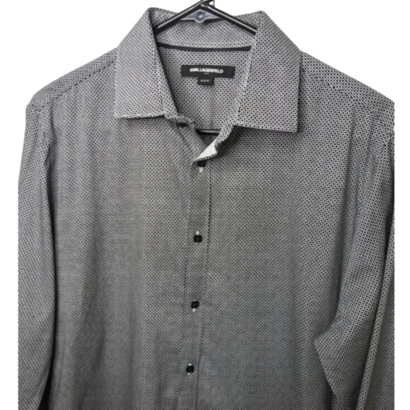 Karl Lagerfeld Paris Mens Black Checker Dot Casual Long Sleeve Button Up Shirt M - Picture 1 of 12